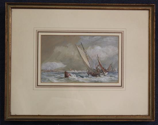 Sir Oswald Walters Brierly (1817-1894) Fishing boats at sea and off the coast, 5.25 x 8.5in.